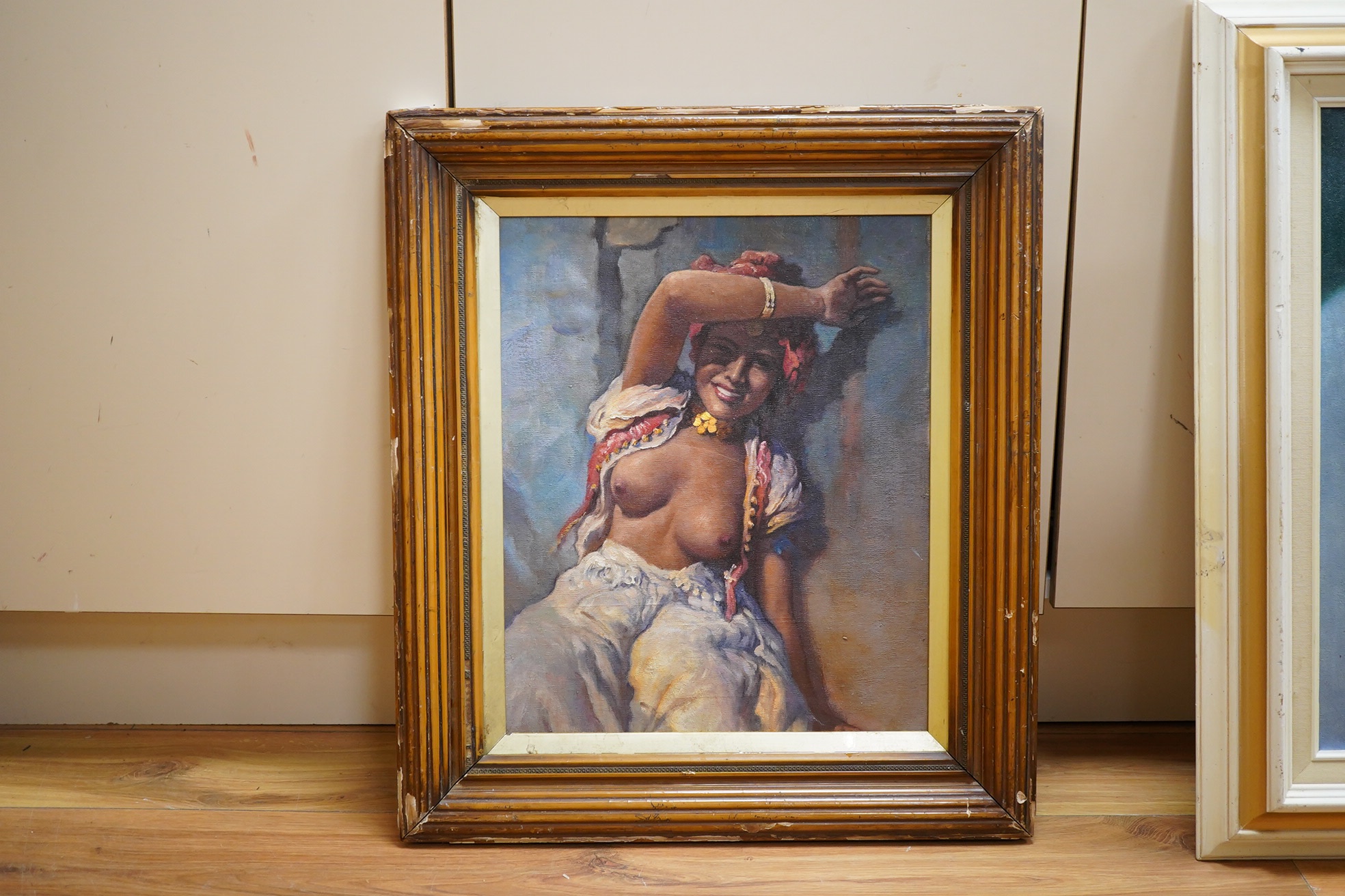 Decorative, Orientalist style oil on canvas, study of a nude woman, 42 x 34cm. Condition - good